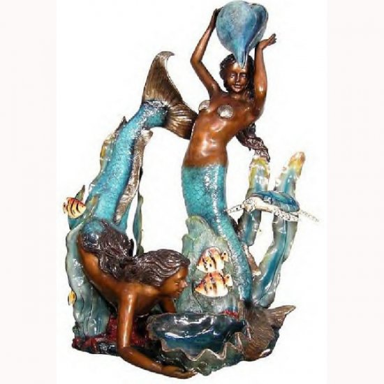 Bronze Two Mermaid Holding Shell - Click Image to Close