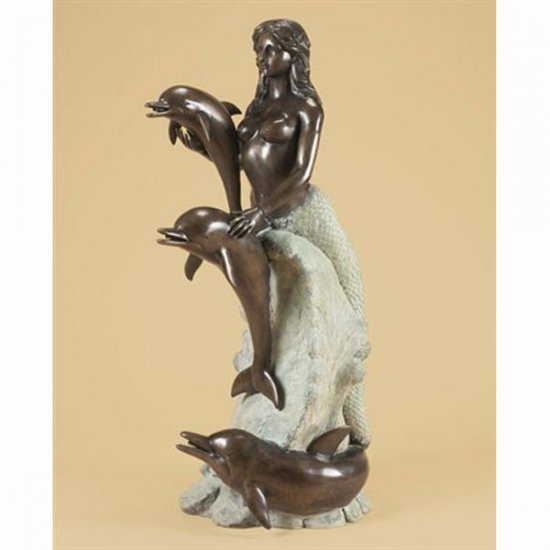 Bronze Mermaid with Dolphins on Wave Fountain - Click Image to Close