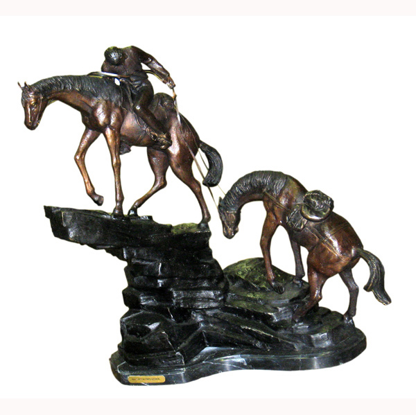 Bronze Man with Two Horses on Marble Base