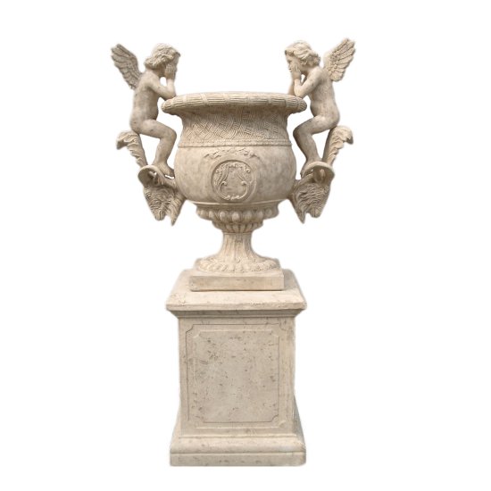 Fiberglass Angels Urn on Base / Roman Stone Finish - Click Image to Close