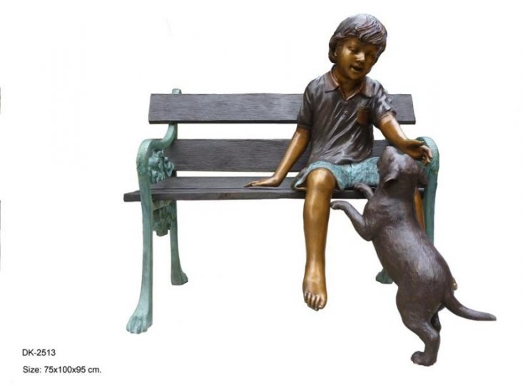 Boy with Dog on Bench - Click Image to Close