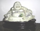 White & Green Jade sitting Buddha on wood pedestal