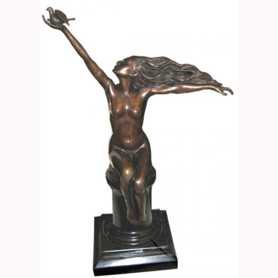 Bronze Deco Girl with Bird - Click Image to Close