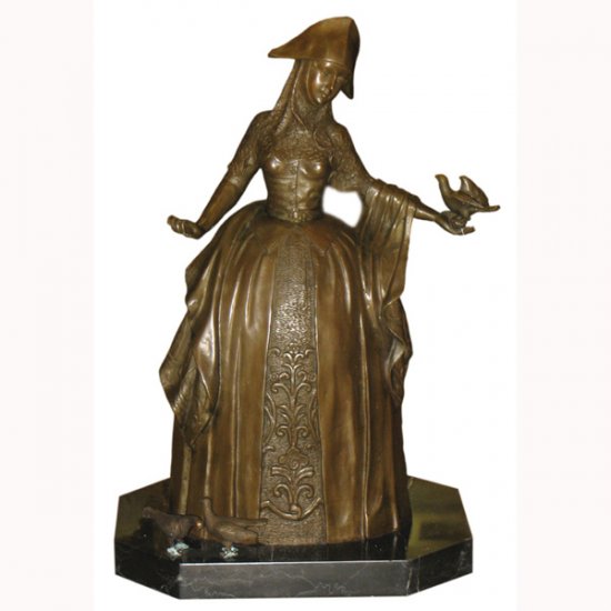 Bronze Deco Girl standing with Bird - Click Image to Close