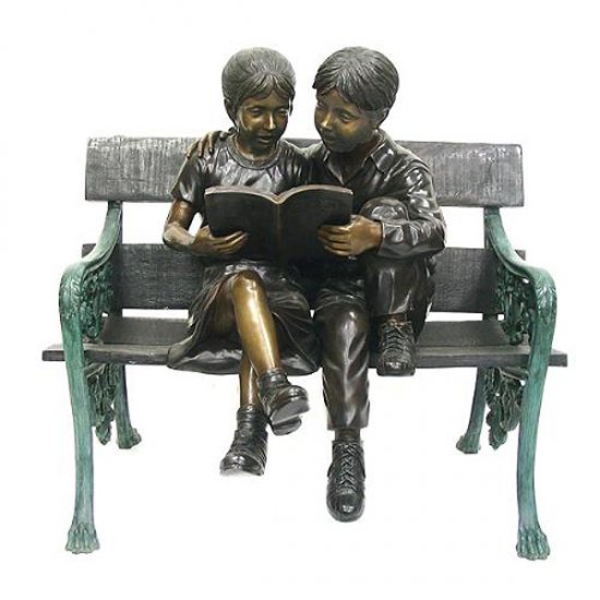 Bronze Kids sitting on a Bench Reading - Click Image to Close