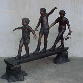 BRONZE THREE KIDS ON LOG FISHING