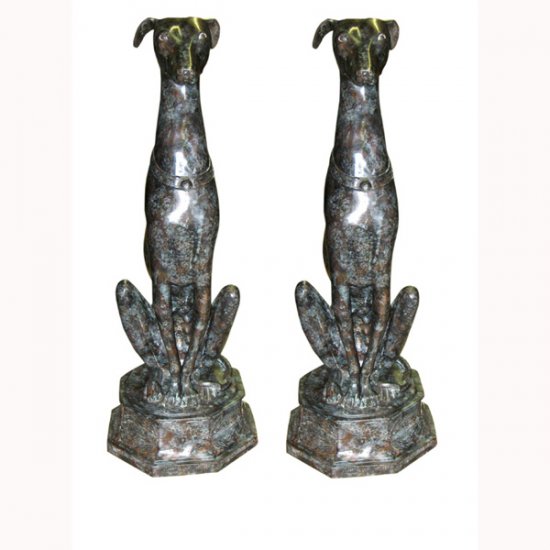 Pair of sitting Bronze Greyhound dogs - Click Image to Close