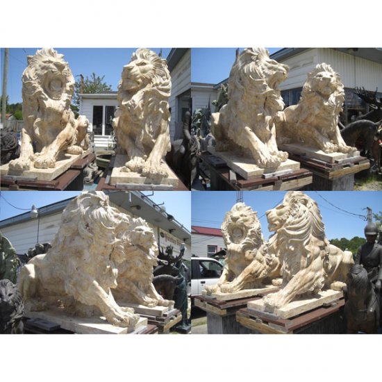 Pair Travertine Marble Lions with pedestals - Click Image to Close