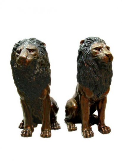 Bronze Sitting Lions Statue (Pair) - Click Image to Close