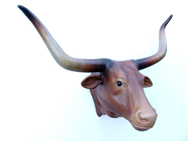 Bull Head with Long Horns (Brown) / Fiberglass - Click Image to Close