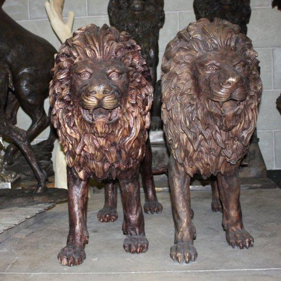 Pair of Bronze Walking Lions - Click Image to Close