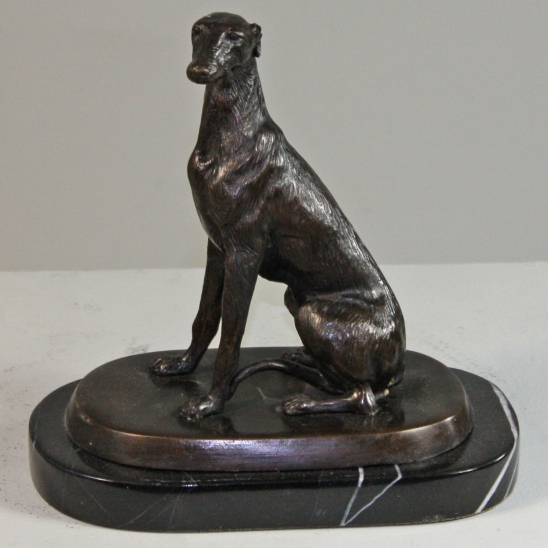 Bronze Greyhound Sitting on Marble Base - Click Image to Close
