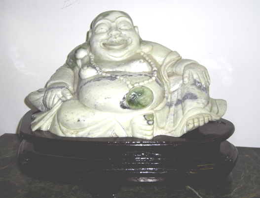 White & Green Jade sitting Buddha on wood pedestal - Click Image to Close