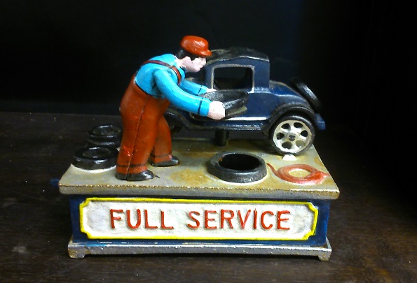 Service Station Authentic Foundry Cast Iron Mechanical Bank - Click Image to Close