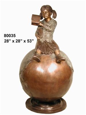 Bronze Girl sitting on a Globe Reading - Click Image to Close
