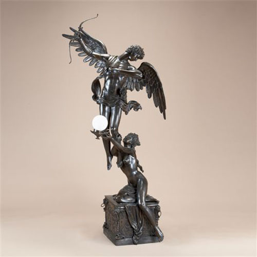 Bronze Cupid and Psychic holding Lamp - Click Image to Close