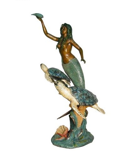 Bronze Mermaid With Two Turtles - Click Image to Close